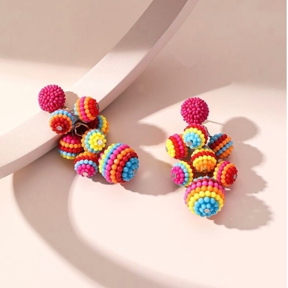 Colorful Beaded Ball Drop Earrings Multicolor Rainbow Festival Boho Resortwear - Picture 1 of 6